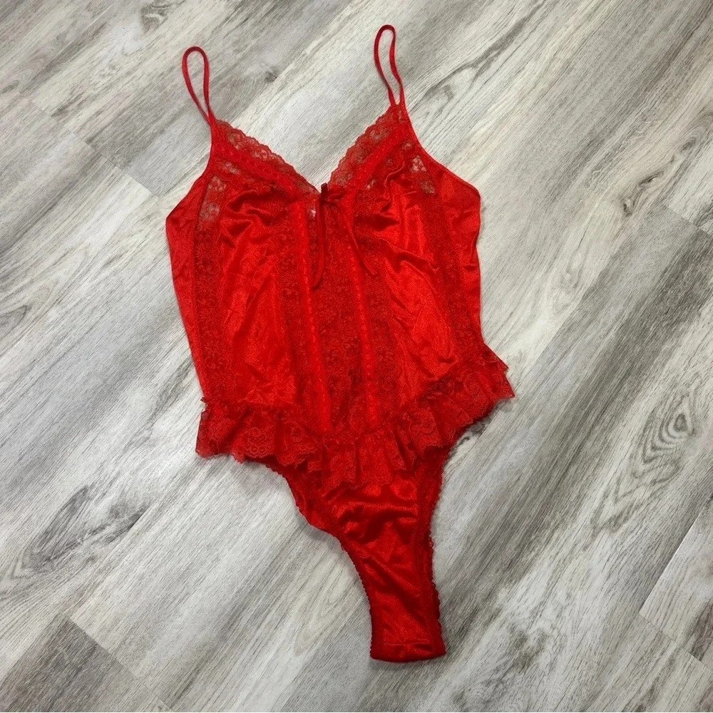 Vintage 90s Teddy Nigligee Sexy Siren Red Lace Ruffle Bottom One Piece | Sz Med